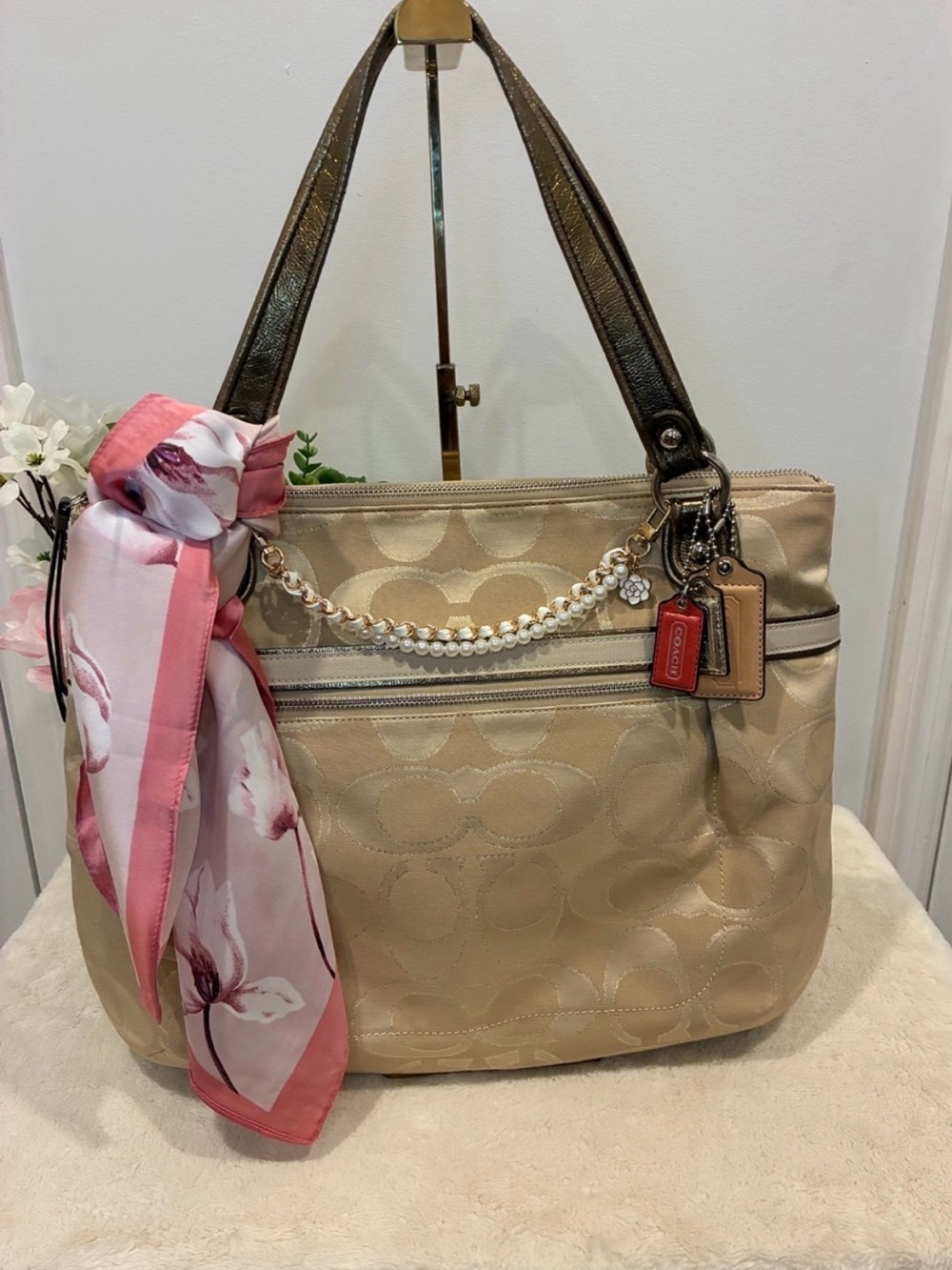 Coach Poppy 18979 Signature Sateen Glam Tote Cream Pink 3 Hangtags